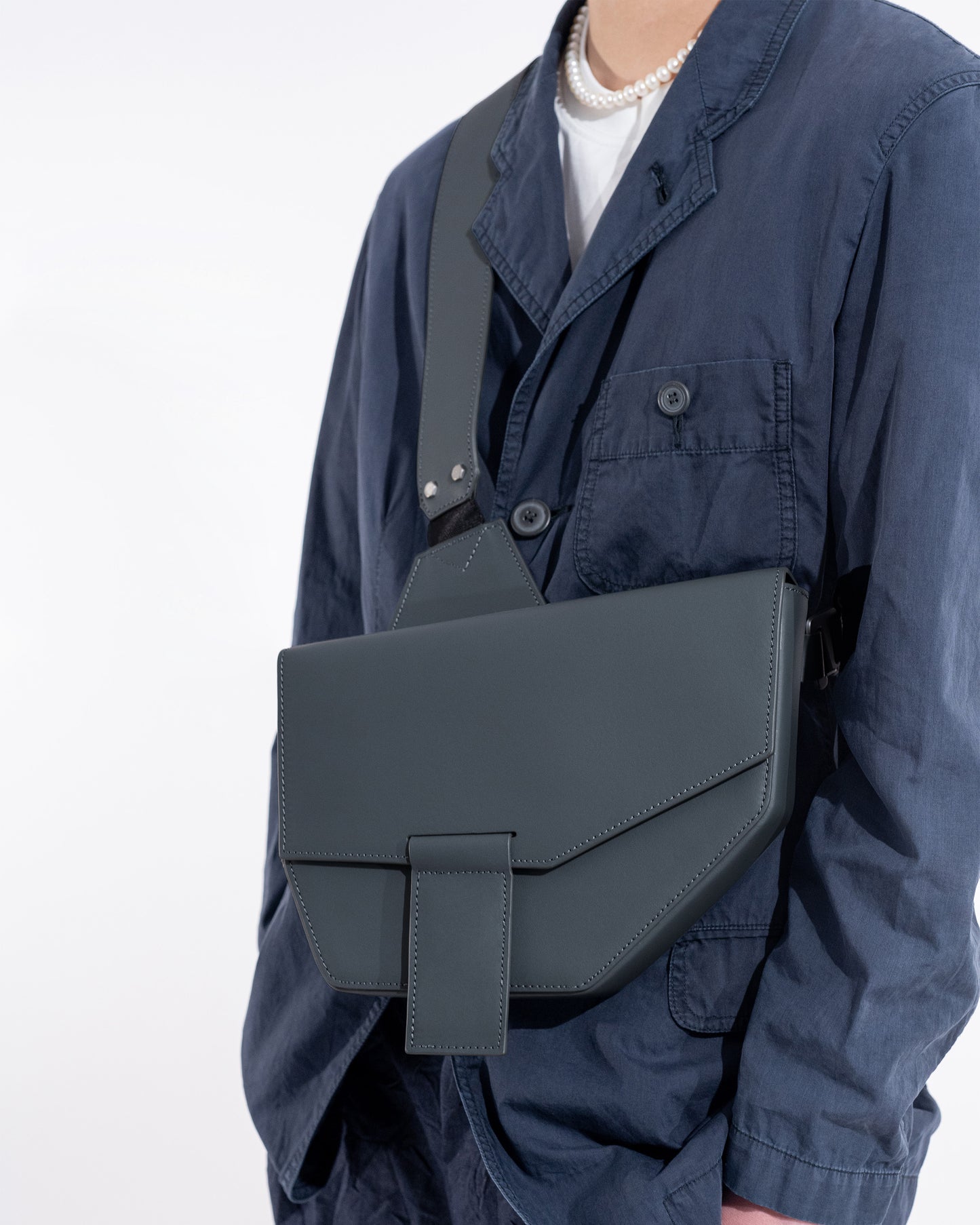 SWITZ Blue Grey Leather Crossbody Messenger Bag